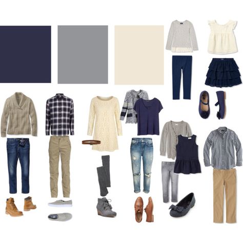 Navy, Gray, Cream family photo shoot color scheme by mdunbar80 on Polyvore featuring polyvore, Uttam Boutique, L.L.Bean, J.Crew, Banana Republic, Madewell, Gap, Dr. Scholl's, Paige Denim and Jeep Fall Family Outfits, Family Photos What To Wear, Family Portrait Outfits, Summer Family Pictures, Family Photo Colors, Winter Family Photos, Dating Ideas, Fall Family Photo Outfits, Jenifer Aniston