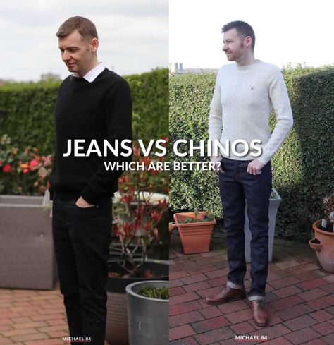 When it comes to dressing for your lower half, you might be thinking: Chinos vs jeans, which are better? As I've mentioned on the blog countless times, Smart Casual Jeans, Chinos Men Outfit, Smart Casual Dress Code, Dress Code Casual, Smart Casual Dress, Smart Casual Men, Smart Casual Style, Jeans Outfit Casual, Smart Outfit