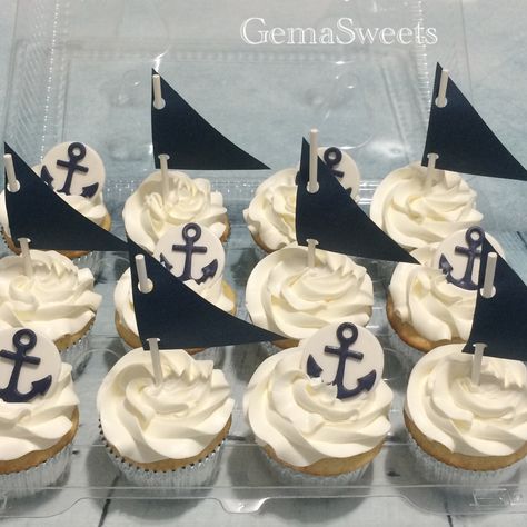 Nautical baby shower cupcakes by Gema Sweets. Nautical Cupcake, Nautical Themed Party, Shower Cupcakes, Nautical Baby Shower, Nautical Baby, Baby Shower Cupcakes, 60th Birthday, Party Planner, Nautical Theme