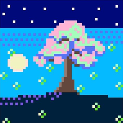 Sakura Tree Midnight Pixel, on ArtStation at https://www.artstation.com/artwork/18gBgX Sakura Perler Beads, Cherry Blossom Pixel Art Grid, Sakura Tree Pixel Art, Cherry Blossom Alpha Pattern, Night Sky Pixel Art Gif, Sakura Tree, 8 Bits, Unique Sticker, 8 Bit