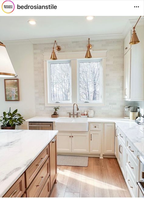 Cloe Backsplash, Natural Stone Backsplash Kitchen, Kitchen Cabinets With White Countertops, Cabinets With White Countertops, Lake Kitchen, Natural Stone Backsplash, Vaulted Ceiling Kitchen, Warm Wood Tones, Stone Backsplash Kitchen