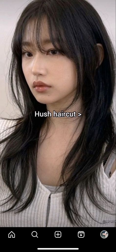 Korea Layer Haircut, Haircuts With No Layers, Hushcut With Bangs, Hush Bangs, Wispy Hime Cut, Long Hush Haircut, Hair Cut Ideas For Circular Face, Round Face Asian Hairstyles, Hush Cut For Round Face