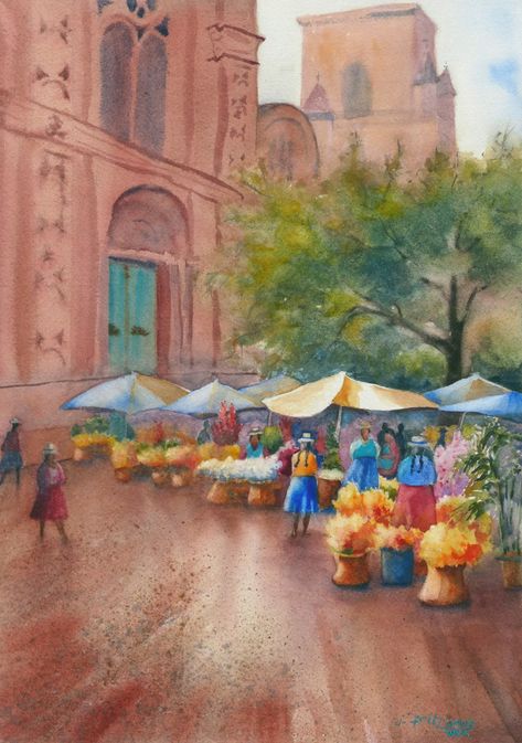 Ecuador Painting, Watercolor Journaling, Exhibition Ideas, Cuenca Ecuador, Arts Stream, Painting Inspo, Painting Art Projects, Flower Market, Fine Art Gallery