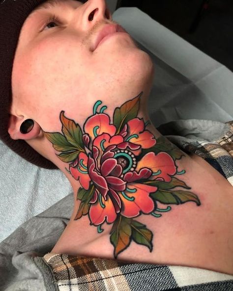 Colored Neck Tattoo, Neotraditional Neck Tattoo, Traditional Flower Neck Tattoo, Neo Traditional Neck Tattoo, Neo Traditional Throat Tattoo, Color Neck Tattoo, Neotraditional Throat Tattoo, Peony Neck Tattoo, Traditional Tattoo Neck