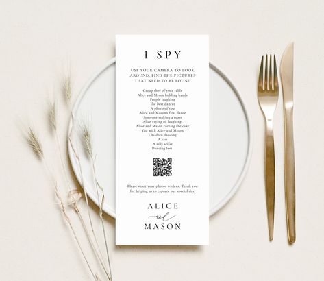 I Spy with QR Code, Classic Minimalist, Guest Photo Sharing, Wedding Game Card, Photo Share QR, I spy Photo Share, Photo Hunt Game, SN105_SQ by StudioNellcoteDIY on Etsy Simple Wedding Menu, Diy Wedding Menu, Elegant Wedding Menu, Printable Wedding Menu, Menu Card Template, Wedding Dinner Menu, Rustic Minimalist, Menu Printable, Printable Menu