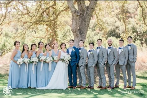 Wedding Picture Ideas With Bridesmaids Groomsmen, Groom Wearing Different Color Than Groomsmen, Light Blue And Grey Bridal Party, Blue Groom Gray Groomsmen, Dusty Blue Wedding Bridal Party, Groomsmen Attire And Bridesmaids, Dusty Blue Wedding Theme Groomsmen, Light Blue Wedding Bridal Party, Blue Dusty Wedding