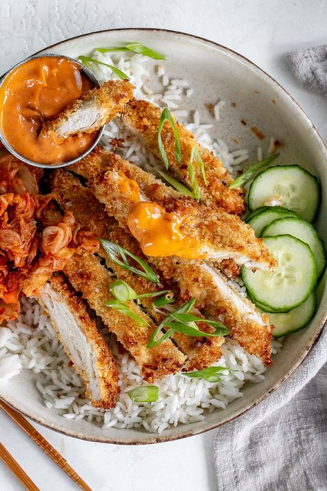 Air Fried Chicken Katsu, Katsu Chicken Air Fryer, Chicken Katsu Air Fryer, Chicken Katsu Rice Bowl, Chicken Katsu Bowl, Katsu Bowl, Air Fryer Chicken Katsu, Air Fryer Recipes Asian, Chicken Katsu Recipes