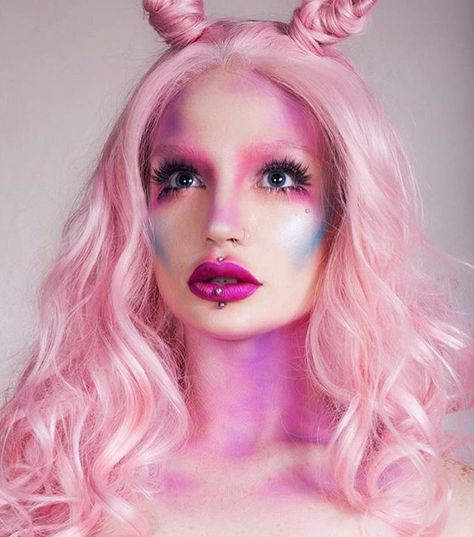 Pink makeup x Pink Fantasy Makeup, Fairy Makeup Pink, Pink Alien Makeup, Pink Alien Costume, Pink Alien, Alien Makeup, Pink Blonde Hair, Pink Dye, Synthetic Lace Wigs