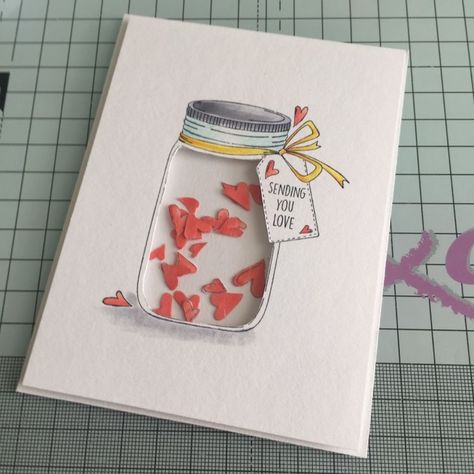 Shaker Cards Tutorial, Diy Postcard, Mason Jar Cards, Jar Of Hearts, Hearts Card, Love Jar, Diy Valentines Cards, Valentine Cards Handmade, Creative Scrapbook