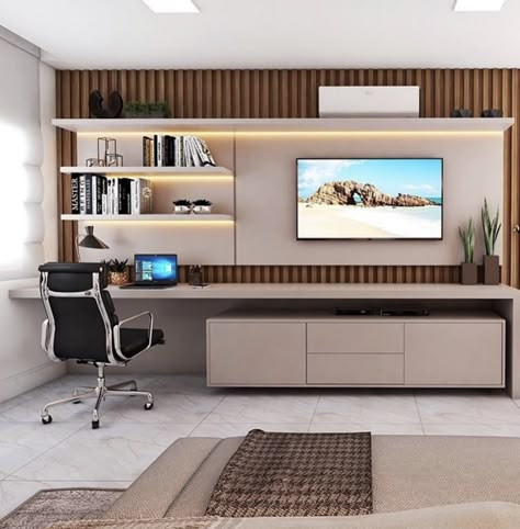 Tv Wall With Working Desk, Media Unit With Desk, Media Wall With Desk, Media Office, Gaming Bedroom, Study Table Designs, Modern Home Offices, Loft Office, Study Room Design