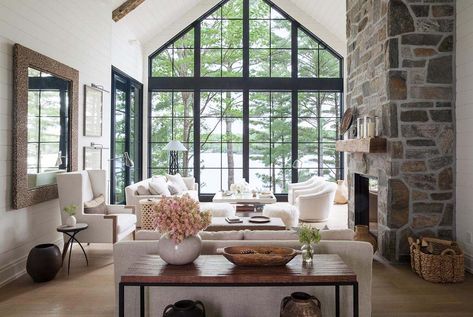 Dreamy rustic-modern lake house with sweeping vistas of Lake Joseph Rustic Modern Farmhouse Living Room, Howard Roark, Trim Windows, Lake House Living Room, Modern Farmhouse Living Room Decor, Farmhouse Living Room Decor Ideas, Modern Lake House, Sala Grande, Modern Farmhouse Living