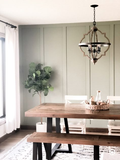 Simple Accent Wall Dining Room, Easy Diy Accent Wall Dining Room, Dining Room Accent Wall 2023, Accent Wall Dining Area, Wall Behind Table Kitchen, Dining Room Statement Wall Farmhouse, Shelves On Dining Room Wall, Dining Room Feature Wall Ideas Paint, Paneled Accent Wall Dining Room