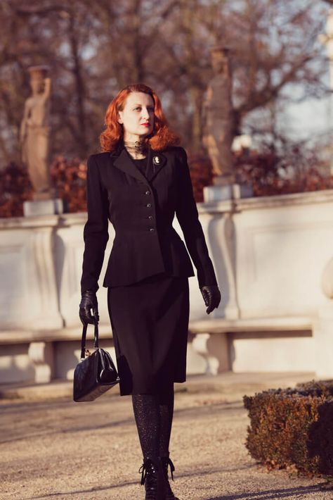 “You can wear black at any time. You can wear it at any age. You may wear it for almost any occasion; a ‘little black frock’ is essential to a woman’s wardrobe. “Christian Dior [MORE ON THE BLOG!] 1940s Goth, 50s Goth, 1940s Jacket, Vintage Skirt Suit, Wolford Tights, Black Skirt Suit, Black Frock, A Little Black Dress, Vintage Styling