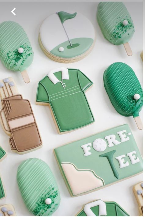 30th Birthday Golf Cookies, Golf Cookies Birthday, Golf Themed Treats, Masters Golf Cookies, Golf Sugar Cookies Decorated, Golf Themed Desserts, Golf Themed Cookies, Golf Themed 40th Birthday Party, 40th Golf Birthday Ideas For Men