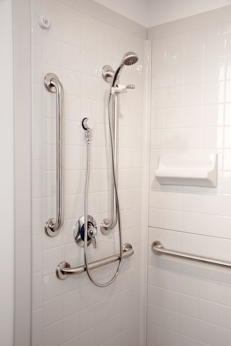 Standard Symmons Valve Package For The Best Bath Shower System. Complete With Slider, Grab Bars and Handheld With Hose. Shower Grab Bar, Grab Bars In Bathroom, Accessible Bathroom, Bar Inspiration, Shower Fixtures, Grab Bar, Grab Bars, In Bathroom, Shower Remodel