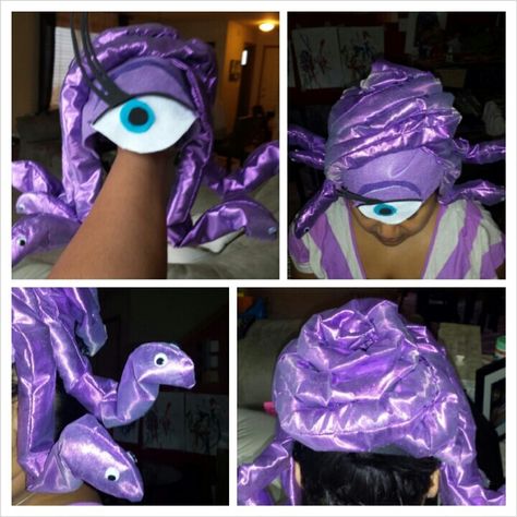 I was Celia Mae from Monsters inc for the monster party. I used 2 headbands stuck to each other (one over the crown over my head, the other perpendicular to that, fitting just behind my ears).  I used jumbo pipecleaners from Hobby Lobby as the structure for the snakes (6 ft for $2.99, and I used 2 of these).  These were cut into 5 even lengths for the snakes (4 full cuts at 14.4 in each and then I fastened the 2 leftovers to make one more snake).  I cut 5 pieces of 5" by 24" pieces of purple lam Disneyland Halloween Party, Monsters Inc Halloween, Boo Costume, Little Monster Party, Eve Costume, Disneyland Halloween, Dress Up Boxes, Snake Head, Creative Costumes