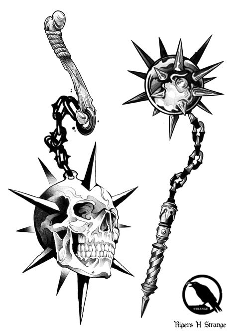 Mace And Chain Tattoo Design, Mace Chain Tattoo, Morning Star Tattoo, Heart Chain Mace Tattoo, Mace Tattoo, Mace Tattoo Blackwork, Flail Tattoo, Medieval Skull Illustration, Skull With Crown