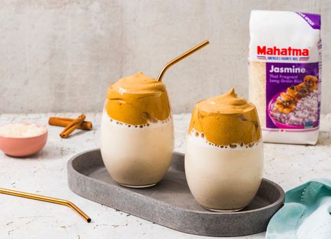 Horchata Whipped Iced Dalgona Coffee | Mahatma® Rice Mahatma Rice, Energizing Breakfast, Rice Desserts, Whipped Coffee, Arroz Frito, Creamy Rice, Cinnamon Coffee, Coffee Cream, Ice Coffee