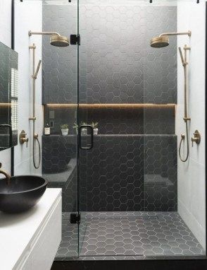 Unique honeycomb tile to give your bathroom a new look 25 Black And White Bathroom, Bathroom Shower Design, Shower Niche, Bathroom Shower Tile, Trendy Bathroom, Wood Bathroom, Bathroom Layout, Bath Room, Shower Remodel