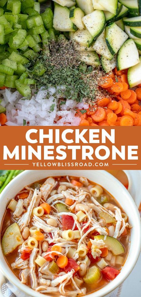 30 Minute Chicken Minestrone Soup recipe, with a rich broth and tons of veggies, is a delicious way to warm up with some hearty, healthy comfort food. #healthyrecipes #dinner via @yellowblissroad Chicken Minestrone Soup Recipe, Chicken Minestrone Soup, Minute Chicken, Minestrone Soup Recipe, Delicious Veggies, Soup Chicken, Hearty Comfort Food, Healthy Comfort, Minestrone Soup