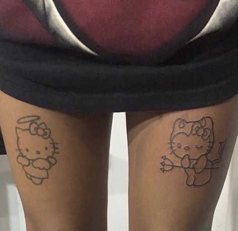 Butterfly Thigh Tattoo, Angel Devil Tattoo, Upper Thigh Tattoos, Hello Kitty Tattoo, Cute Thigh Tattoos, Kitty Tattoo, Thigh Tattoo Designs, Devil Tattoo, Hello Kitty Tattoos