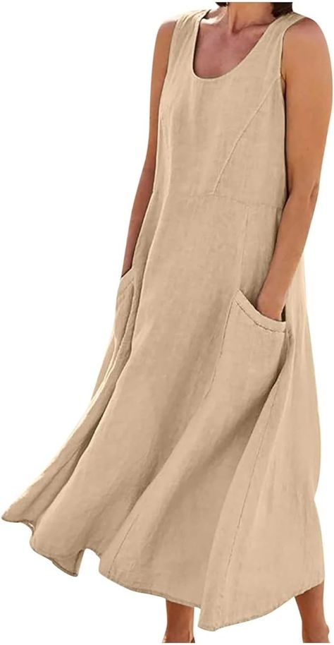 Maxi Dresses for Women 2024 Friday Black Deals 2024 Teens Women's Summer Sleeveless Cotton Linen Dress Plus Size Flowy Beach Long Dress Casual Solid Maxi Dress with Pockets Khaki M at Amazon Women’s Clothing store Contrast Dress, Summer Sundress, Dress Bohemian, Dress Simple, Linen Maxi Dress, Long Summer Dresses, Vestido Casual, Color Contrast, Maxi Wrap Dress