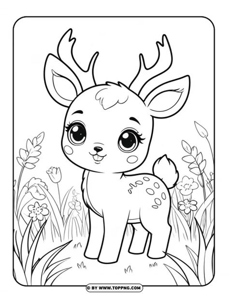 drawing of wild animals in forest - Kawaii Deer - ready to print Drawing Wild Animals, Deer Drawing Cute, Forest Drawing With Animals, Forest Animals Drawing, Cute Deer Drawing, Wild Animal Drawing, Tortoise Cartoon, Animals In Forest, Wild Animals Drawing