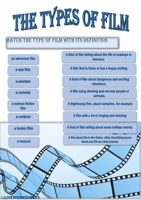 Types of films - Interactive worksheet Jungle Worksheet, I Worksheet, Language Levels, Vocabulary Quiz, Esl Teaching Resources, Movie Quiz, Film Genres, Grade 7, Fun Songs