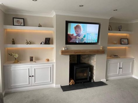 Tv On Wall Ideas Living Room Fire Places Floating Shelves, Uneven Alcoves Living Rooms, Media Wall Ideas With Fireplace And Storage, Sitting Room Built In Units, Media Wall With Storage And Fire, Media Wall Log Burner, Log Burner Media Wall, Media Wall With Log Burner, Log Burner Tv Wall