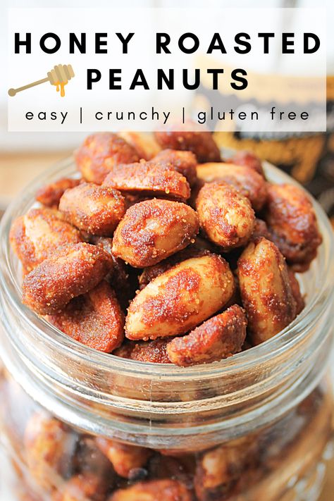 a jar of honey roasted peanuts Diy Honey Roasted Peanuts How To Make, Roast Peanuts In Oven, Roasting Peanuts In The Oven, Seasoned Peanuts Recipes, Dry Roasted Peanuts Recipe, What To Make With Honey, Roasted Peanuts Recipe Oven, Honey Roasted Peanuts Recipe, Homemade Lollies