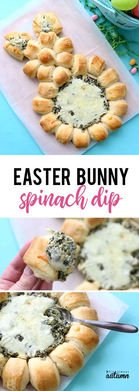 Easter Bunny spinach dip | This super easy Easter appetizer is made with refrigerated crescent dough and creamy homemade spinach dip. Bunny Spinach Dip, Homemade Spinach Dip, Easter Appetizer, Spinach Dip Easy, Easter Appetizers Easy, Easter Food Appetizers, Easter Party Food, Easter Side Dishes, Easter Appetizers