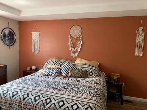 Tan Wall With Accent Wall, Tan Bedroom Wall Ideas, Southwestern Themed Bedroom, Clay Bedroom Walls, Desert Theme Bathroom Ideas, Native American Themed Bedroom, Cavern Clay Accent Wall, Southwestern Accent Wall, Earth Tone Accent Walls