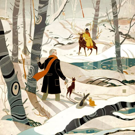 “The Sighting, the Search, the Meeting: A Romance” is a beautiful, whimsical story, told sequentially as this year’s holiday greeting.  Image by Victo Ngai: Victo Ngai, Christmas Art Projects, 동화 삽화, Storyboard Artist, Book Illustration Art, Multi Dimensional, Affinity Designer, Children Book, Illustrations And Posters