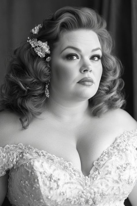 Looking for bridal hair inspiration? These 45+ hairstyles for round faces are chic and elegant. Whether you prefer a voluminous updo or soft curls, there’s something for every bride. Click to see them all! #bridalhairtrends #roundfacebeauty #weddingdaylooks Curvy Bride Hairstyle, Hair Updo For Round Face, Wedding Hairstyles Plus Size Bride, Bride Hairstyles For Round Face, Plus Size Bride Hairstyle, Plus Size Bridal Hair, Round Face Bridal Hairstyles, Wedding Hair For Round Face, Bridal Hair Looks