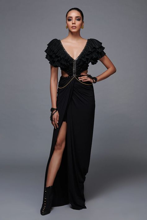 Buy S&N by Shantanu and Nikhil Black Poly Jersey Draped Gown Online | Aza Fashions Drape Gown, Shantanu And Nikhil, Cape Jumpsuit, Draped Gown, Drape Gowns, Gown For Women, Frill Sleeves, Gowns Online, Black Gown