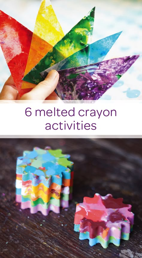 The next time you and your little one sit down for arts and crafts time, make things more interesting by trying out these 6 easy melted crayon activities. Recycle old or broken pieces of crayon by melting them down and turning them into something new. Create a DIY melted crayon pennant banner out of crayon shavings and wax paper. You can even make brand new tie-dyed crayons in fun and creative shapes. Crayon Shavings Crafts, Crafts With Wax Crayons, Crayon Shaving Art, Shaved Crayon Art, Craft With Crayons, Broken Crayon Crafts For Kids, Recycled Crayons Diy, Recycled Crayon Projects, Crayon Melting Art Ideas