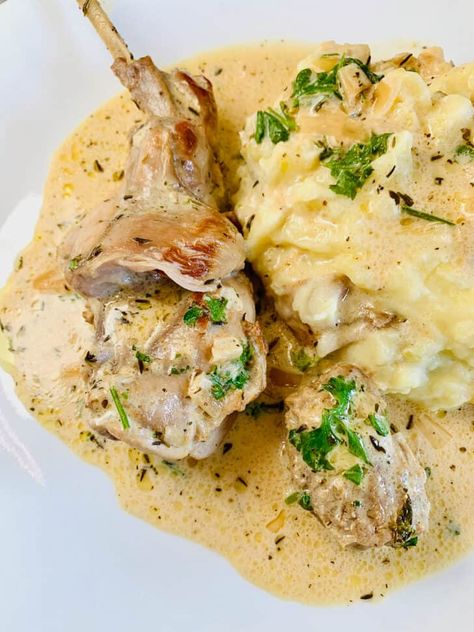 Rabbit in Mustard Sauce (Lapin à la Moutarde) Cooking Rabbit Recipes, French Rabbit Recipe, Rabbit Legs Recipe, Roasted Rabbit Recipe, Braised Rabbit, Hunting Recipes, French Rabbit, Rabbit Recipe, Mustard Sauce Recipe