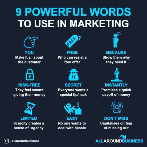 9 powerful words to use in Marketing 💪🏼📈 . ❤Double tap if you agree🙏 Tag someone who needs to see this❗ Comment your views below👇 . . 👇👇👇👇👇… Website Copywriting, Digital Communication, Online Marketing Strategies, Social Media Marketing Business, Budget Planer, Words To Use, Digital Marketing Tools, Infographic Marketing, Youtube Marketing