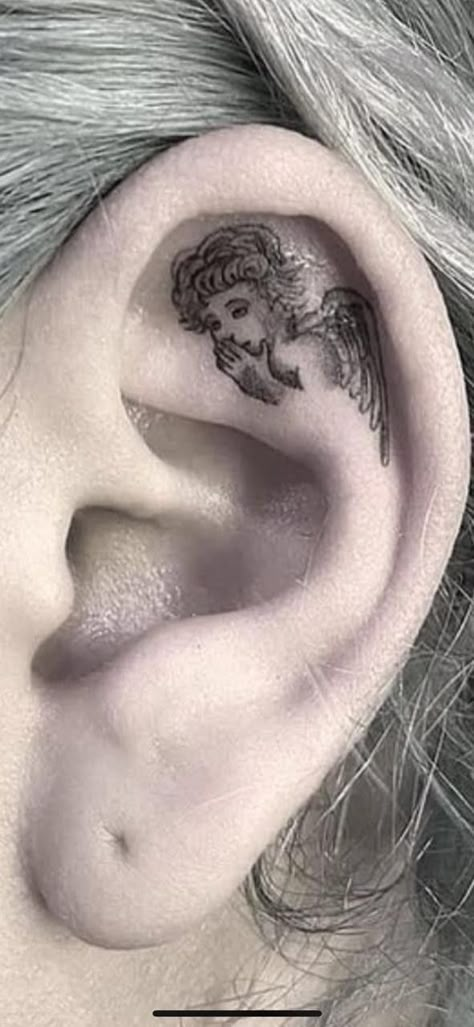 Angel Whispering In Ear Tattoo Design, Angel Whispering In Ear Tattoo, In Ear Tattoo, Whispering In Ear, Evil Tattoos, Joker Tattoo, Hand Tattoos For Women, Tattoo Portfolio, Makeup Tattoos