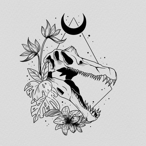 Dinosaur Skull Tattoo Design, Carnotaurus Tattoo, Parasaurolophus Tattoo, Dinosaur Skeleton Tattoo, Spinosaurus Tattoo, Spinosaurus Drawing, Brachiosaurus Tattoo, Spinosaurus Art, Jurassic Park Tattoo