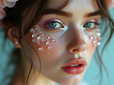 Step into a dream with this soft-focus close-up portrait featuring jellyfish-inspired makeup. Pastel, translucent eyeshadows create an ethereal look, while pearlescent highlights and a light gloss add to the airy, glowing effect. Soft, diffused lighting enhances the makeup's gentle shimmer, perfect for those looking for a weightless and otherworldly beauty trend in 2024. Jem Makeup, Jellyfish Makeup, Makeup Ethereal, Whimsical Makeup, Ocean Makeup, Otherworldly Beauty, Diffused Lighting, Pink Jellyfish, Pastel Makeup