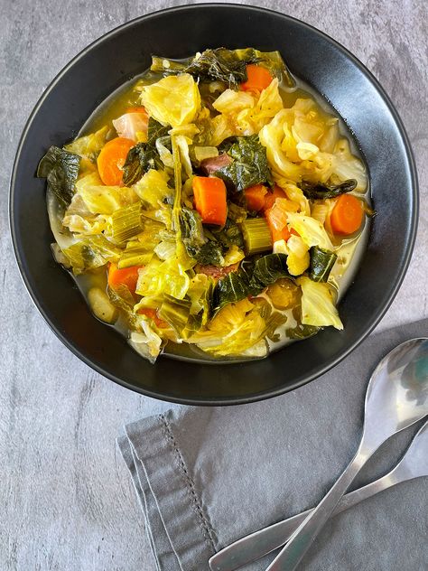 Cabbage Stew Cabbage Stew Vegetarian, Cabbage And Greens Stew, Cabbage Cauliflower Soup, Meatless Cabbage Recipes, Instant Pot Cabbage Soup Recipes, Cabbage And Kale Soup, Cabbage Stew Recipe, Thrifty Recipes, Vegan Cabbage Recipes