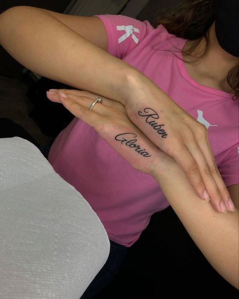 Small Hand Name Tattoos, Name Tattoos On Hand For Women, Name Tattoo On Side Of Hand, Hand Tattoos For Women Names, Small Word Hand Tattoos For Women, Hand Tattoos Names For Women, Names On Hand Tattoos, Name On Hand Tattoos For Women, Name Hand Tattoos For Women