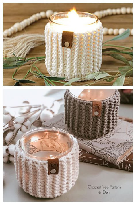 Emmett Ribbed Candle Jar Cozy Free Crochet Patterns Candle Cozy Crochet Pattern, Candle Crochet Holder, Knit Candle Cozy, Crochet Candle Cover, Crochet Candle Holder Pattern Free, Crochet Decoration Ideas, Candle Diy Ideas, Handmade Candles Ideas, Crochet Decor Ideas