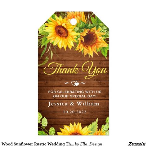 Sunflower Rustic Wedding, Sunflower Wedding Favors, Wood Sunflower, Gift Tags Wedding, Wedding Favours Thank You, Elegant Wedding Inspiration, Wedding Gift Tags, Custom Ribbon, Wedding Gift Bags