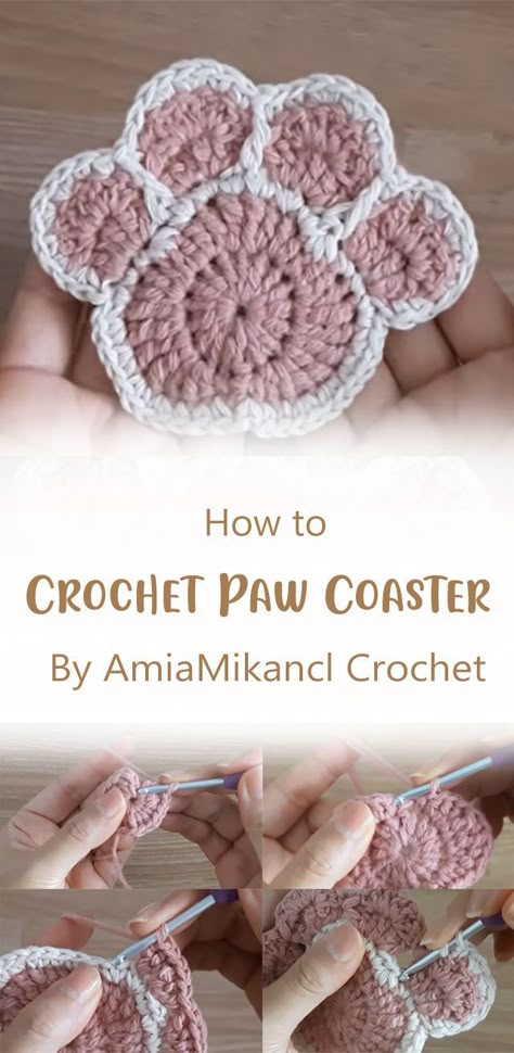 Quick Crochet Coasters, Crochet Dog Paw Pattern Free, Easy Crochet Coasters For Beginners, Beginner Crochet Coasters, Dog Paw Crochet Pattern, Dog Coaster Crochet Free Pattern, Crochet Dog Coasters Free Pattern, Crochet Cat Coasters Free Pattern, Crochet Paw Coasters Free Pattern