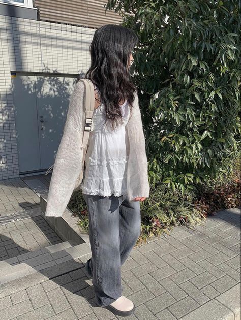 Cute Fashion Inspo Outfits, Fall Outfits Japanese, Baggy Jeans Outfit Coquette, Lamp Outfit Aesthetic, Sawako Core Outfit, Muted Colors Outfit, Codibook Outfit, Dress Over Jeans Aesthetic Korean, Cafe Study Outfit