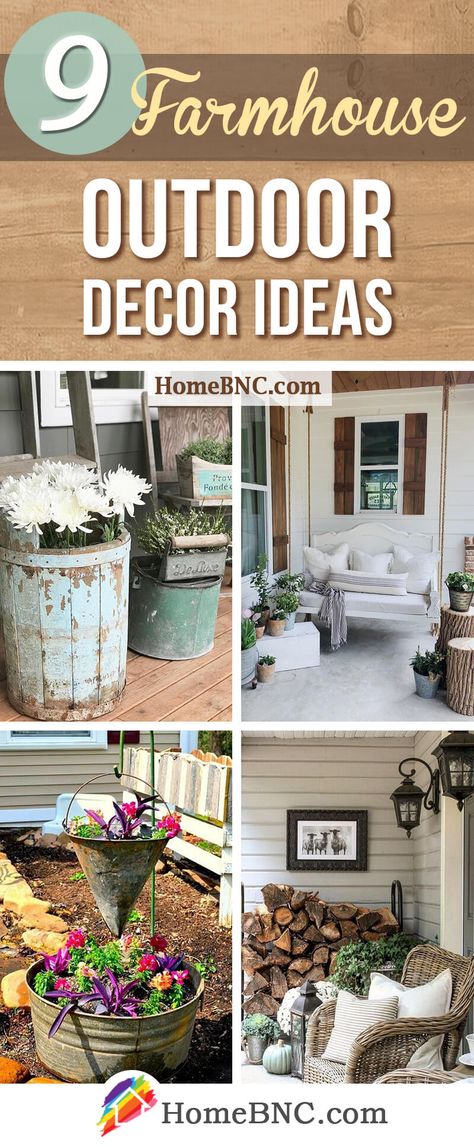 Farmhouse Outdoor Decor Ideas Farmhouse Outdoor Planters, Farmhouse Back Porch Decor, Farmhouse Outdoor Entryway Ideas, Country Outdoor Decor, Rustic Farmhouse Porch Ideas, Outside Garage Decor, Farmhouse Landscape Ideas, Landscaping Ideas For Front Of House, Diy Outside Decor