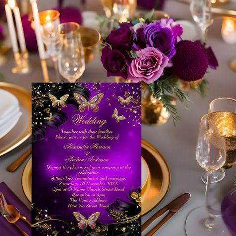 Wedding Sparkle purple Gold Black Butterfly Invitation Black Gold Wedding Theme, Rapunzel Wedding Theme, Purple Black Wedding, Royal Purple Wedding, Purple Wedding Reception, Butterfly Wedding Invitations, Butterfly Invitation, Purple And Gold Wedding, Purple Invitations