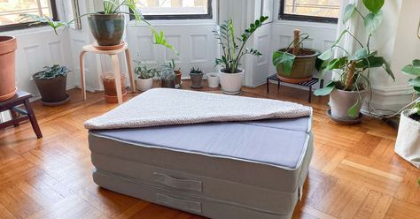 Ditch your air mattress for an affordable, tri-fold foam mattress that overnight guests will adore (and thank you for). Mattress Stand, Long Couch, Mattress Couch, Twin Frame, Casper Mattress, Vacuum For Hardwood Floors, Cheap Mattress, Basement Inspiration, Modern Bed Frame